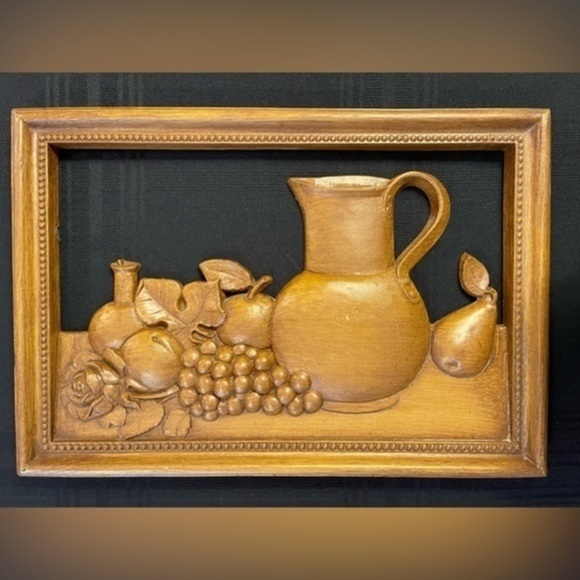 Syroco 1972 wood look pitcher & fruit rectangular wall art 16” x 11”. Rare find! - Picture 1 of 8